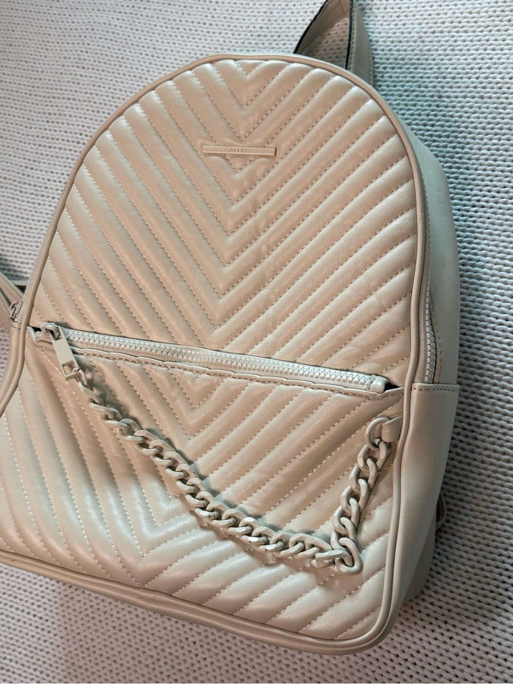 Aldo Cream Quilted Backpack with Chain Accent